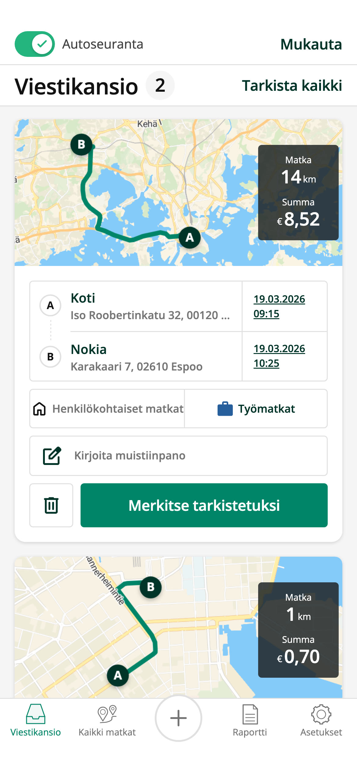 Saapuneet-kansio matkoillesi