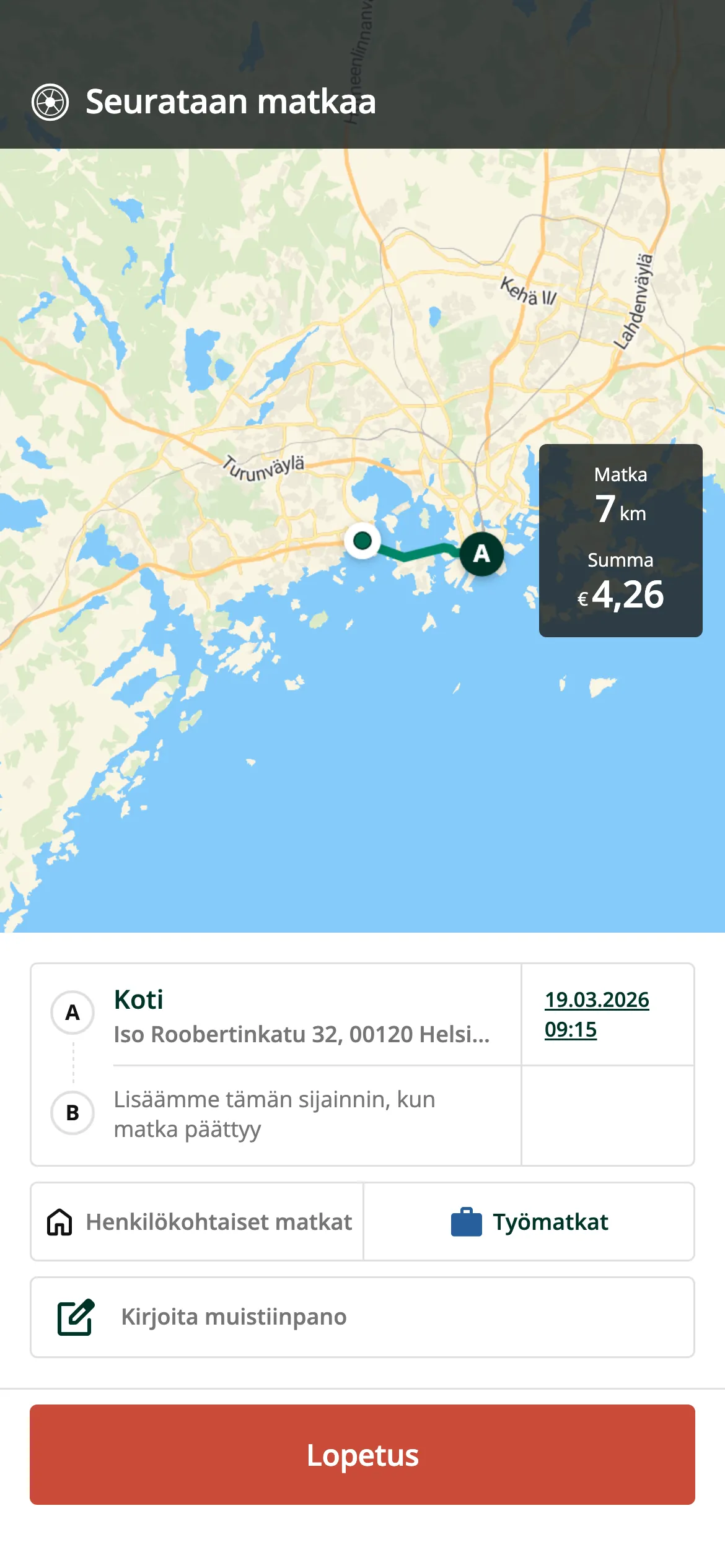 Automaattinen matkojen kirjaus